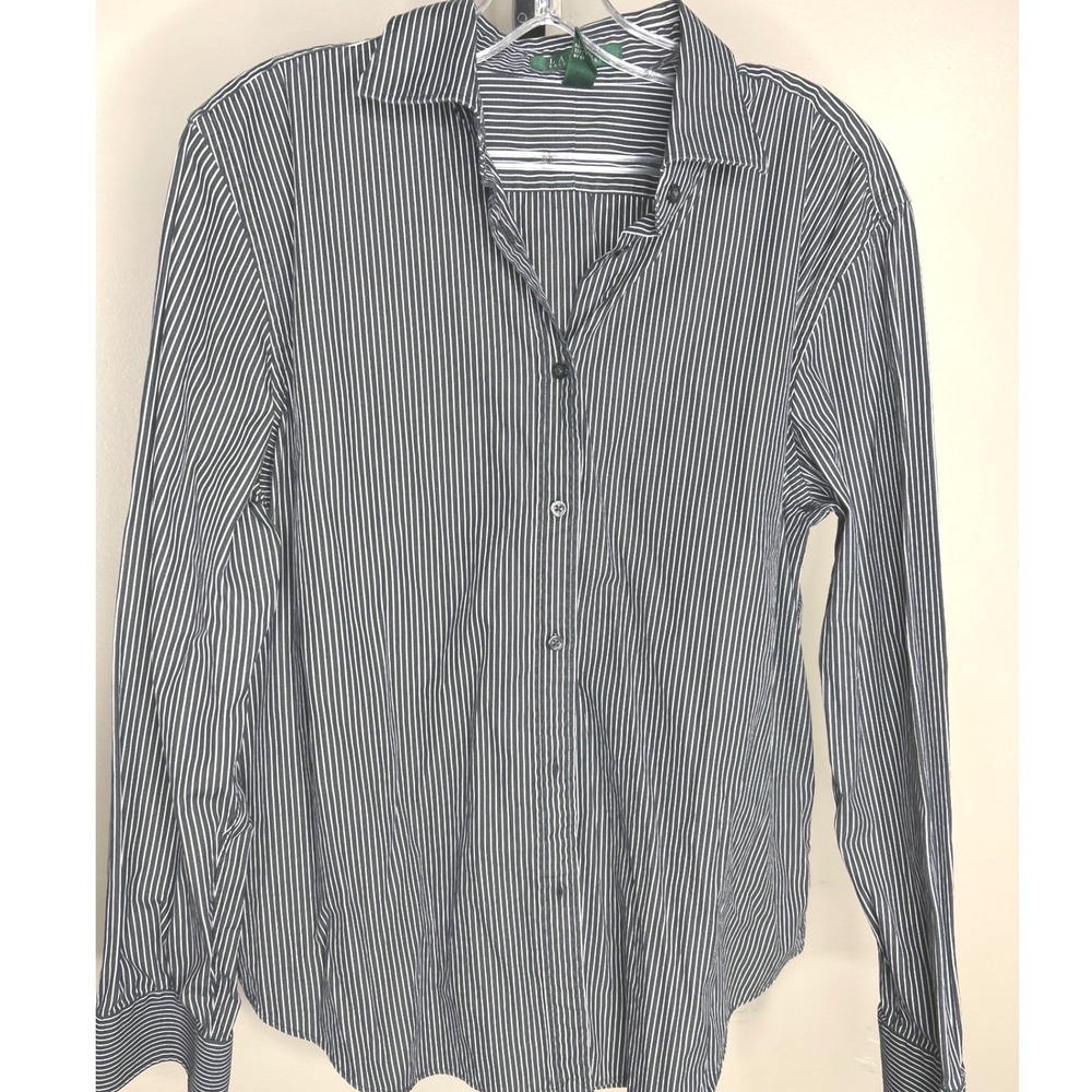 Lauren Ralph Lauren Womens XL Black White Striped Cotton Button Down Shirt Top